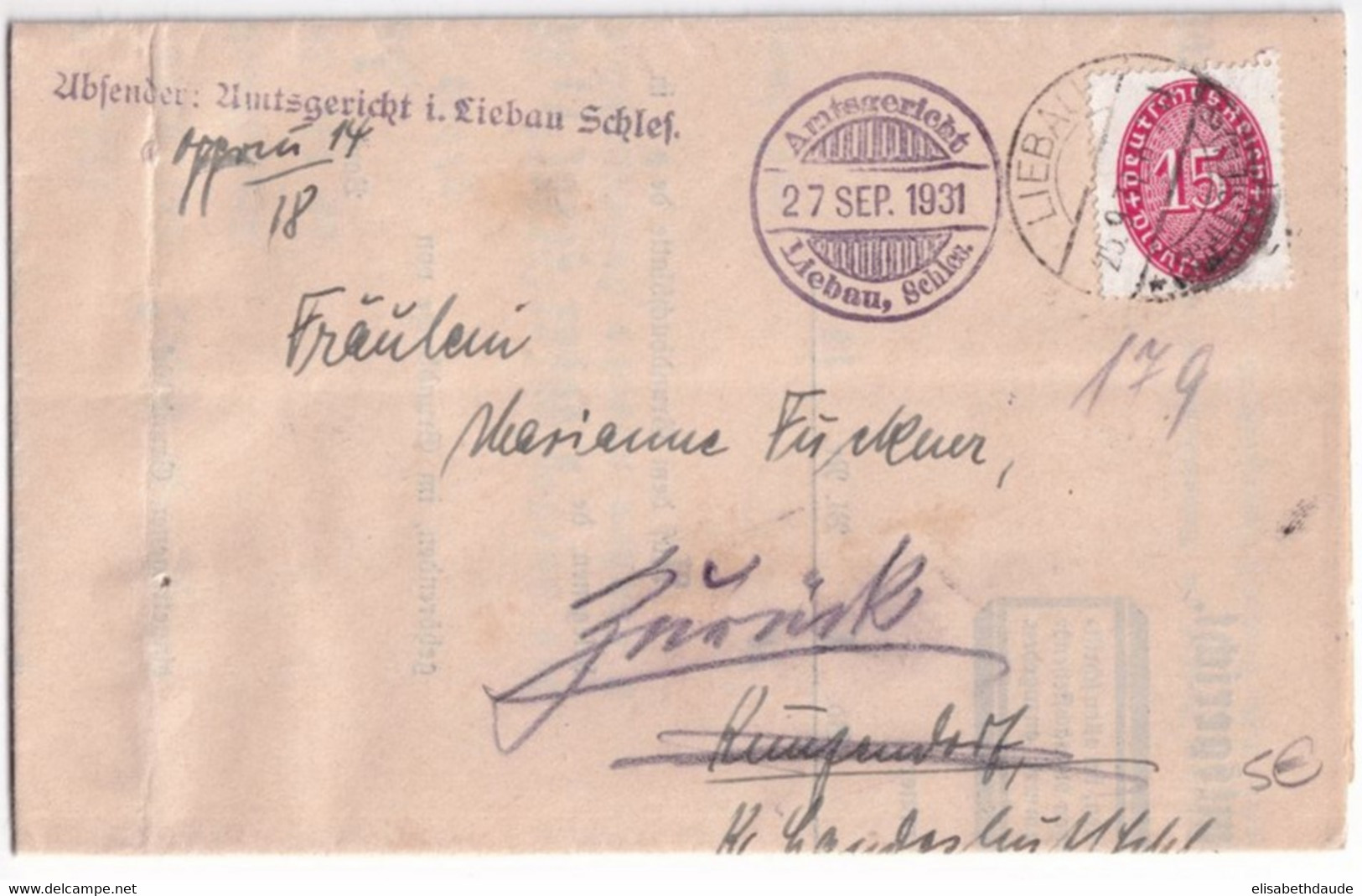 1931 - WEIMAR - LETTRE DE SERVICE (DIENSTMARKE) De LIEBAU (SILESIE) - RETOUR / ZURÜCK - Officials