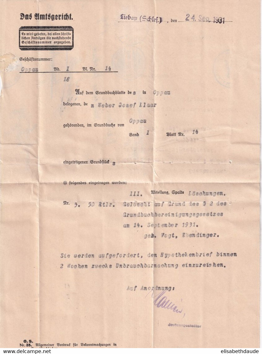 1931 - WEIMAR - LETTRE DE SERVICE (DIENSTMARKE) De LIEBAU (SILESIE) - RETOUR / ZURÜCK - Dienstmarken