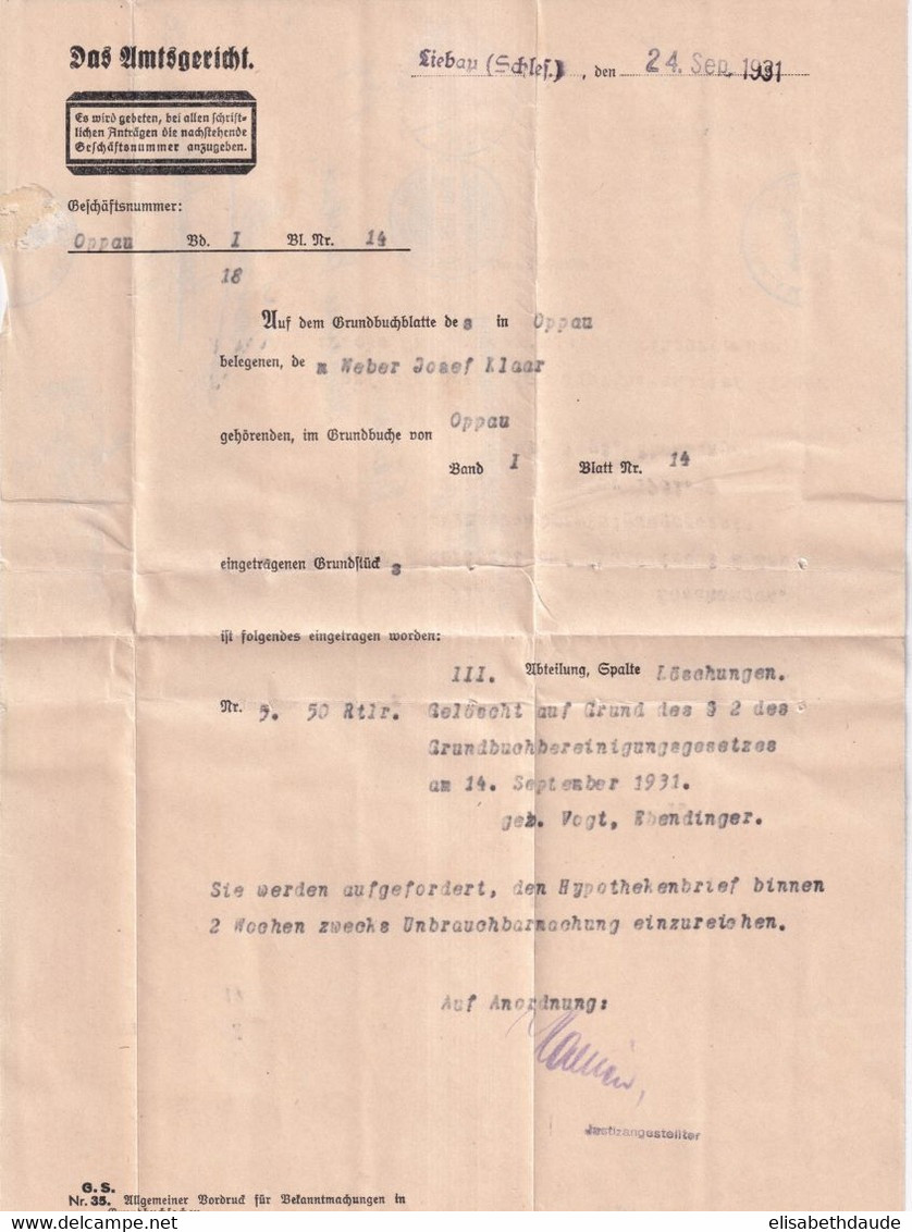 1931 - WEIMAR - LETTRE DE SERVICE (DIENSTMARKE) De LIEBAU (SILESIE) - RETOUR / ZURÜCK - Servizio