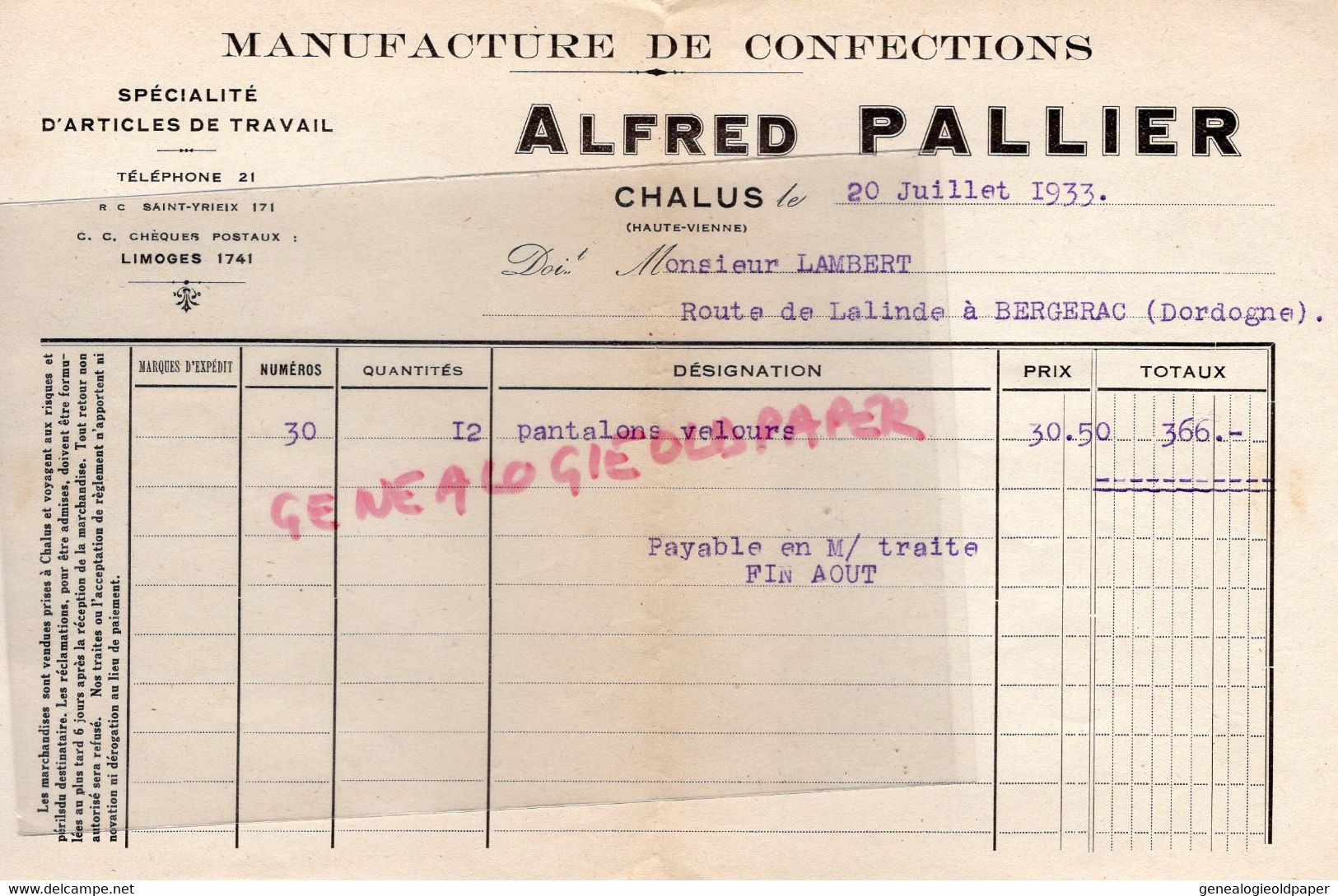 87 - CHALUS - FACTURE ALFRED PALLIER -MANUFACTURE CONFECTIONS  1933- M. LAMBERT ROUTE LALINDE BERGERAC - Transports