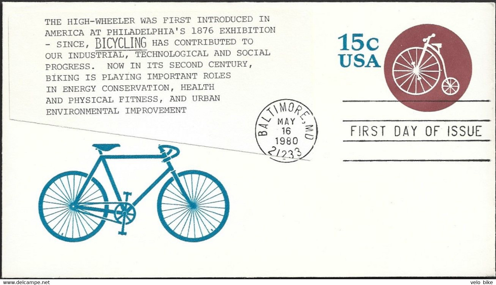 USA Postal Stationery Entier1980  Bicycle One Penny Farthing FDC High Wheeler Velo Cyclisme Ciclista - 2001-2010