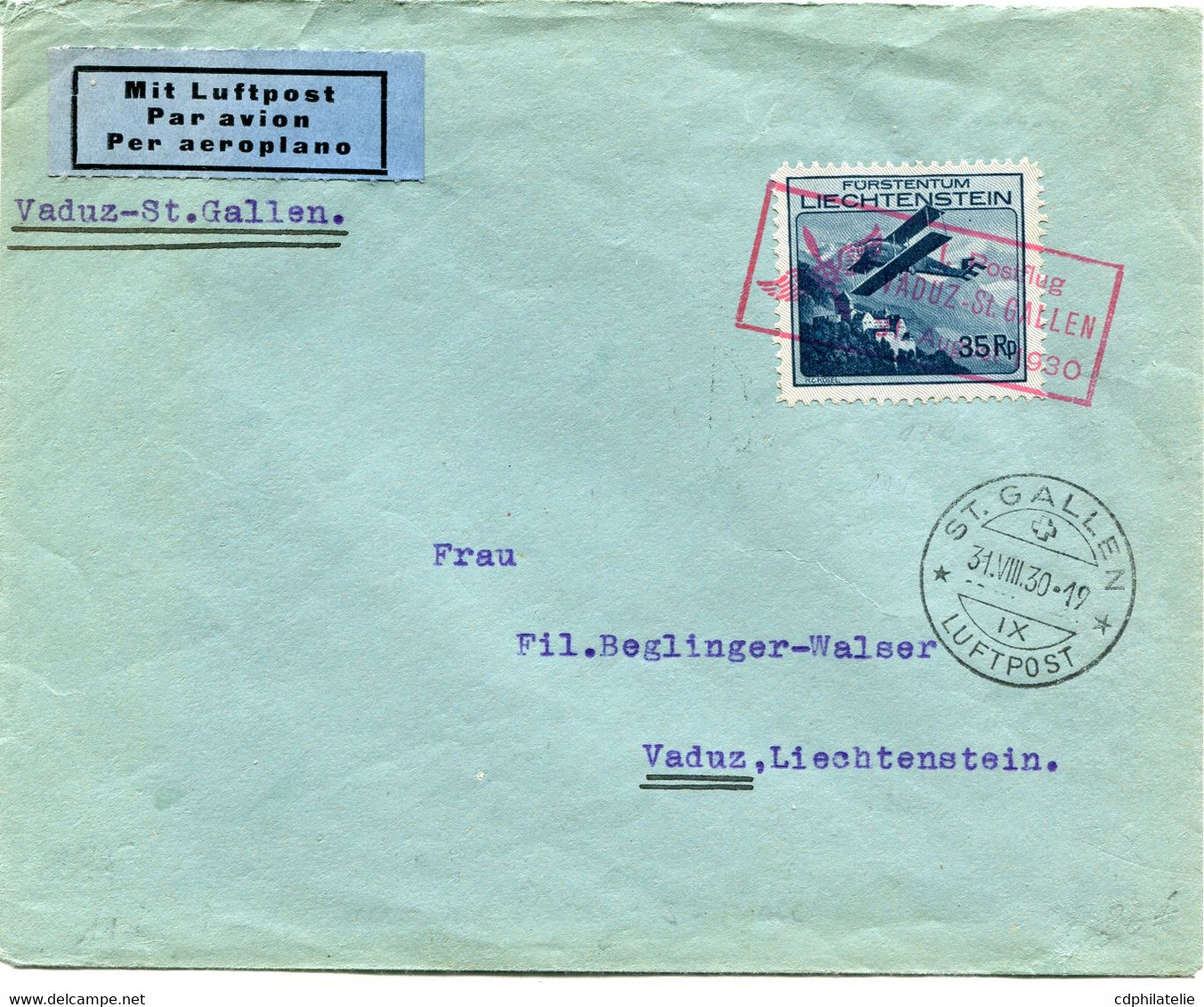 LIECHTENSTEIN LETTRE PAR AVION DEPART POSTFLUG VADUZ-ST GALLEN 31 AUGUST 1930 POUR LE LIECHTENSTEIN - Posta Aerea