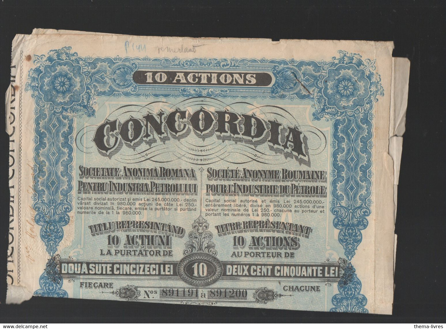 (Roumanie) Action CONCORDIA  (industrie Du Pétrole)   1923  (M2918) - Erdöl