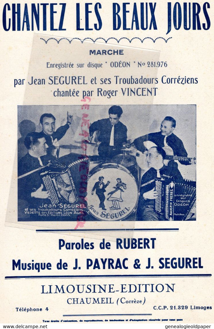 19- CHAUMEIL- PARTITION MUSIQUE JEAN SEGUREL-PAYRAC-TROUBADOURS ROGER VINCENT-ACCORDEON MAUGEIN TULLE - Scores & Partitions