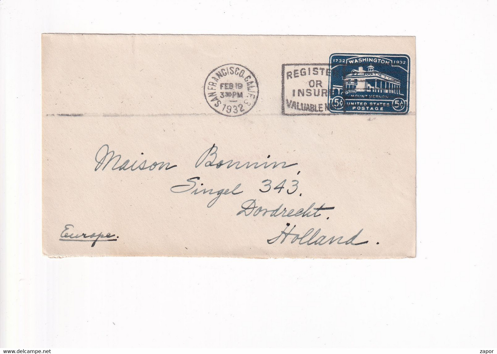 Used Envelope - 5c - San Francisco - 1932 To Dordrecht Holland - 1921-40