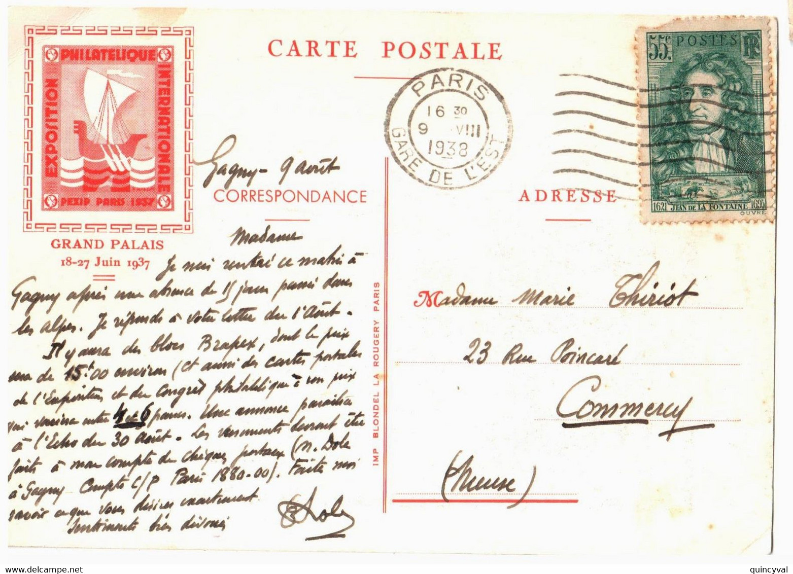 PARIS Gare De L'est Carte Postale PEXIP 1937 55c La Fontaine Défaut Yv 397  Ob 1938 Dest Commercy Meuse - Covers & Documents