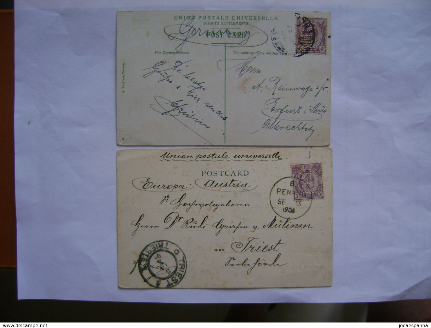 STRAITS SETTLEMENTS (CURRENT SINGAPORE) - 2 CARDS SENT FROM PENANG, 2 PERFIN S.K.C./ B.M.C. IN THE STATE - Singapour (...-1959)