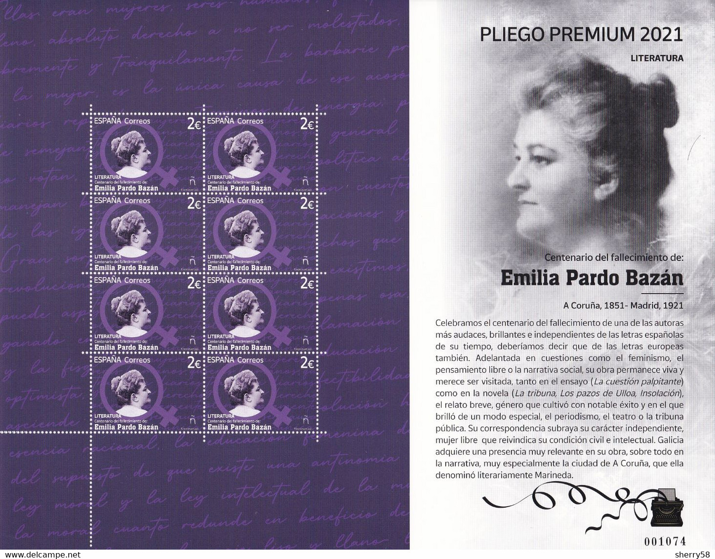 2021-ED. 5513 EN PLIEGO PREMIUM- Personajes. Centenario Fallecimiento Emilia Pardo Bazán - NUEVO - Full Sheets