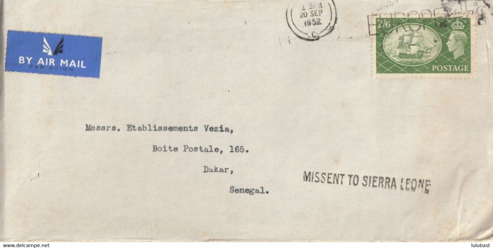 Lettre De Londres Pour Dakar " By Air Mail " + Griffe " Missent To Sierra Leone " TTB. - Storia Postale