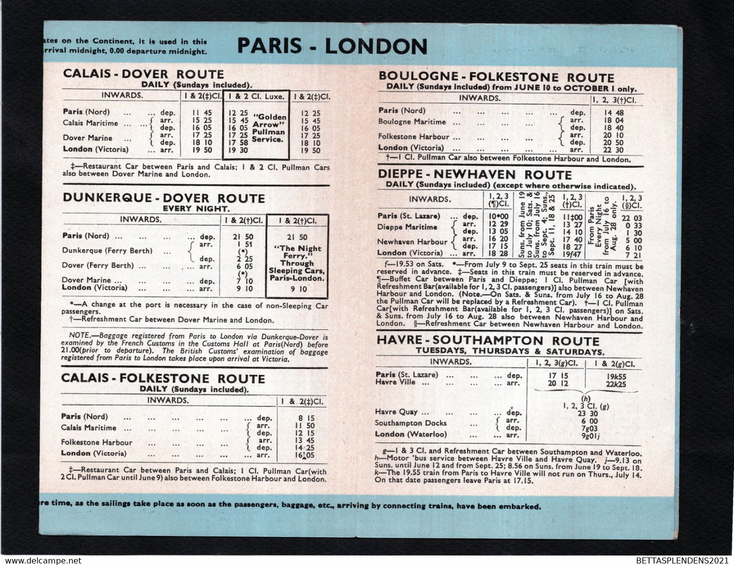 BRITISH RAILWAYS - LONDON And PARIS - Services And Fares 1955 - Europa