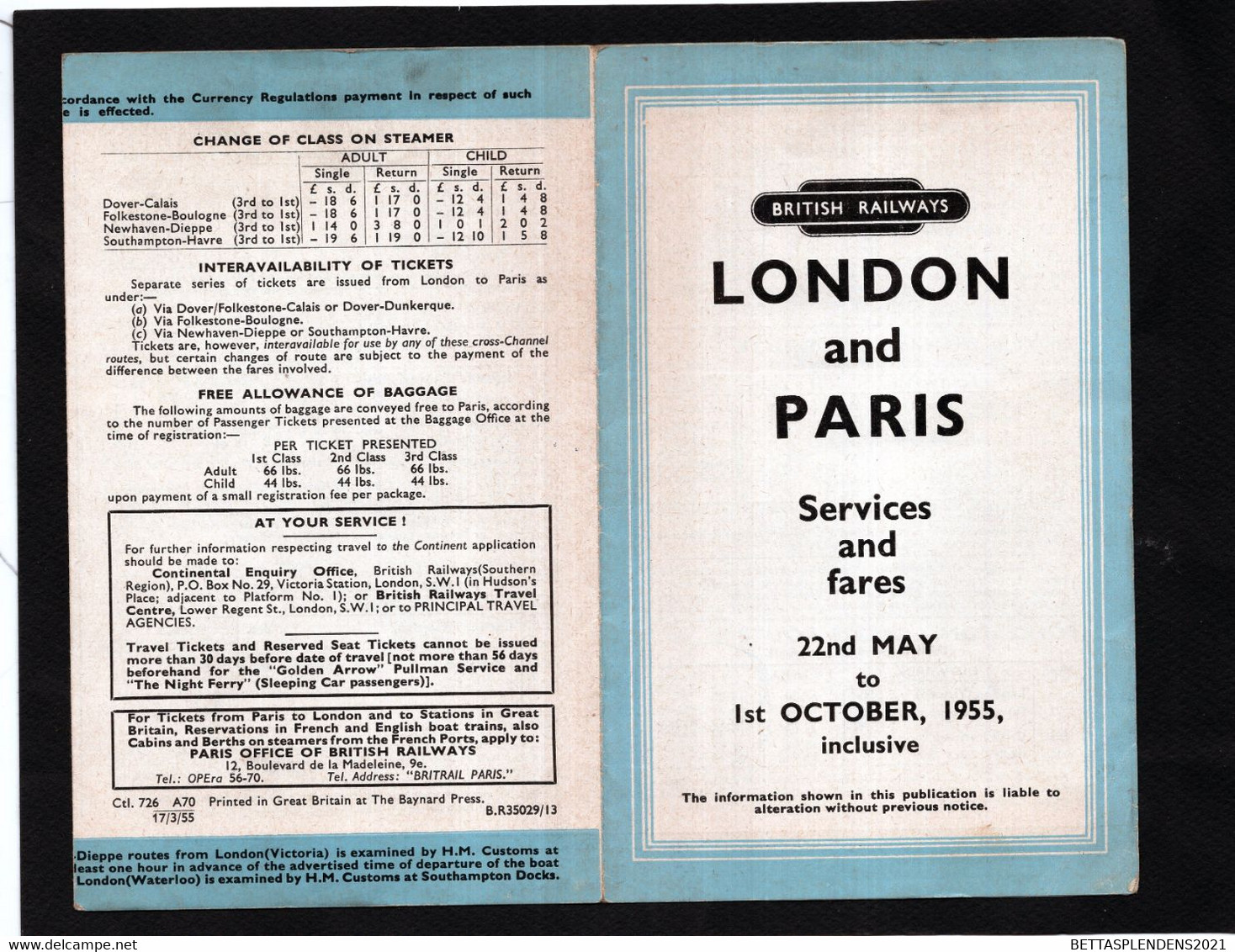 BRITISH RAILWAYS - LONDON And PARIS - Services And Fares 1955 - Europa