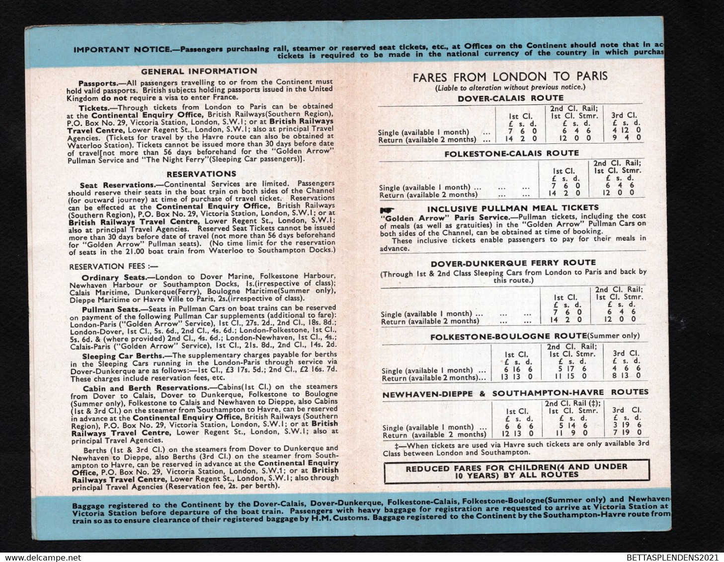 BRITISH RAILWAYS - LONDON And PARIS - Services And Fares 1955 - Europe