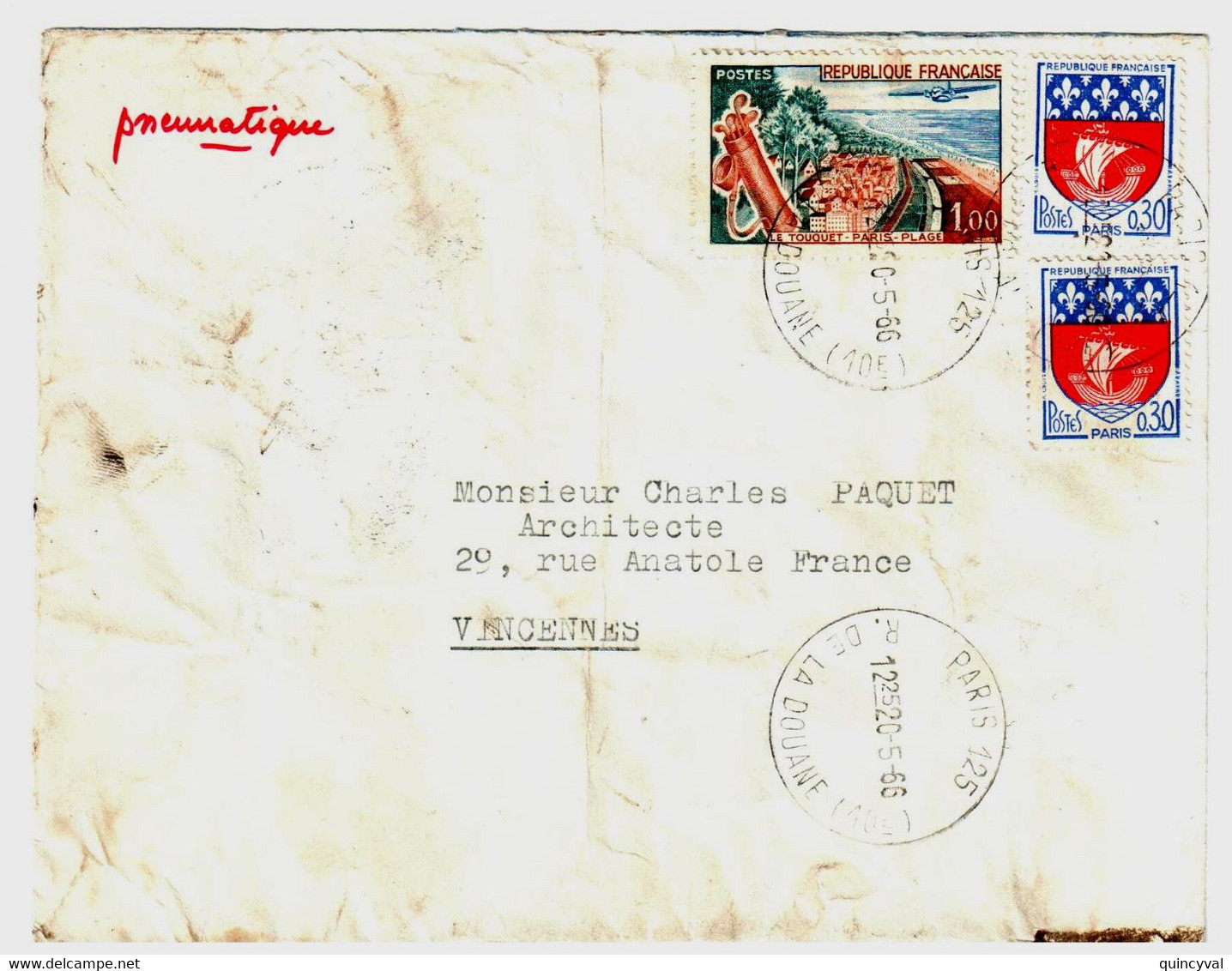 PARIS 125 R De La Douane Pneumatique Dest Vincennes Ppal Via Paris 1291F Touquet 30c Blason Yv 1354B 1355 Ob 20 5 1966 - Storia Postale