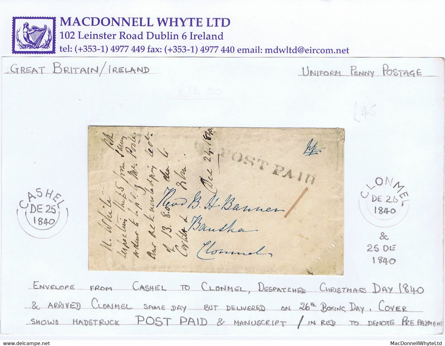 Ireland Tipperary 1840 Unframed Linear POST PAID Of Cashel On Cover To Clonmel, Christmas Day CASHEL DE 25 1840 Cds - Préphilatélie