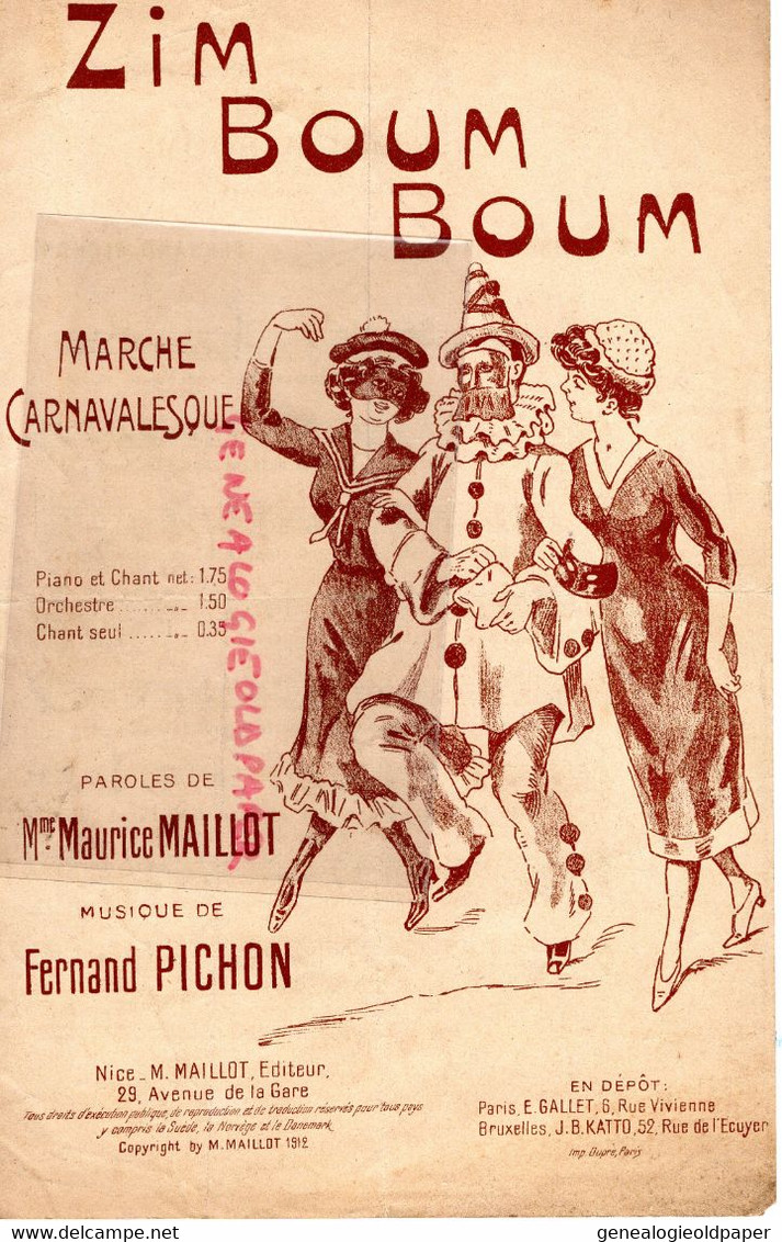 PARTITION MUSIQUE -ZIM BOUM BOUM-MARCHE CARNAVALESQUE-CARNAVAL-MAURICE MAILLOT-FERNAND PICHON 1912 - Scores & Partitions