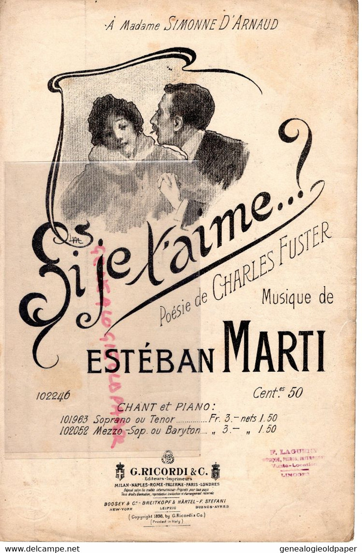 PARTITION MUSIQUE -SI JE T' AIME-CHARLES FUSTER-ESTEBAN MARTI-SIMONNE D' ARNAUD-1898 G. RICORDI MILAN - Scores & Partitions