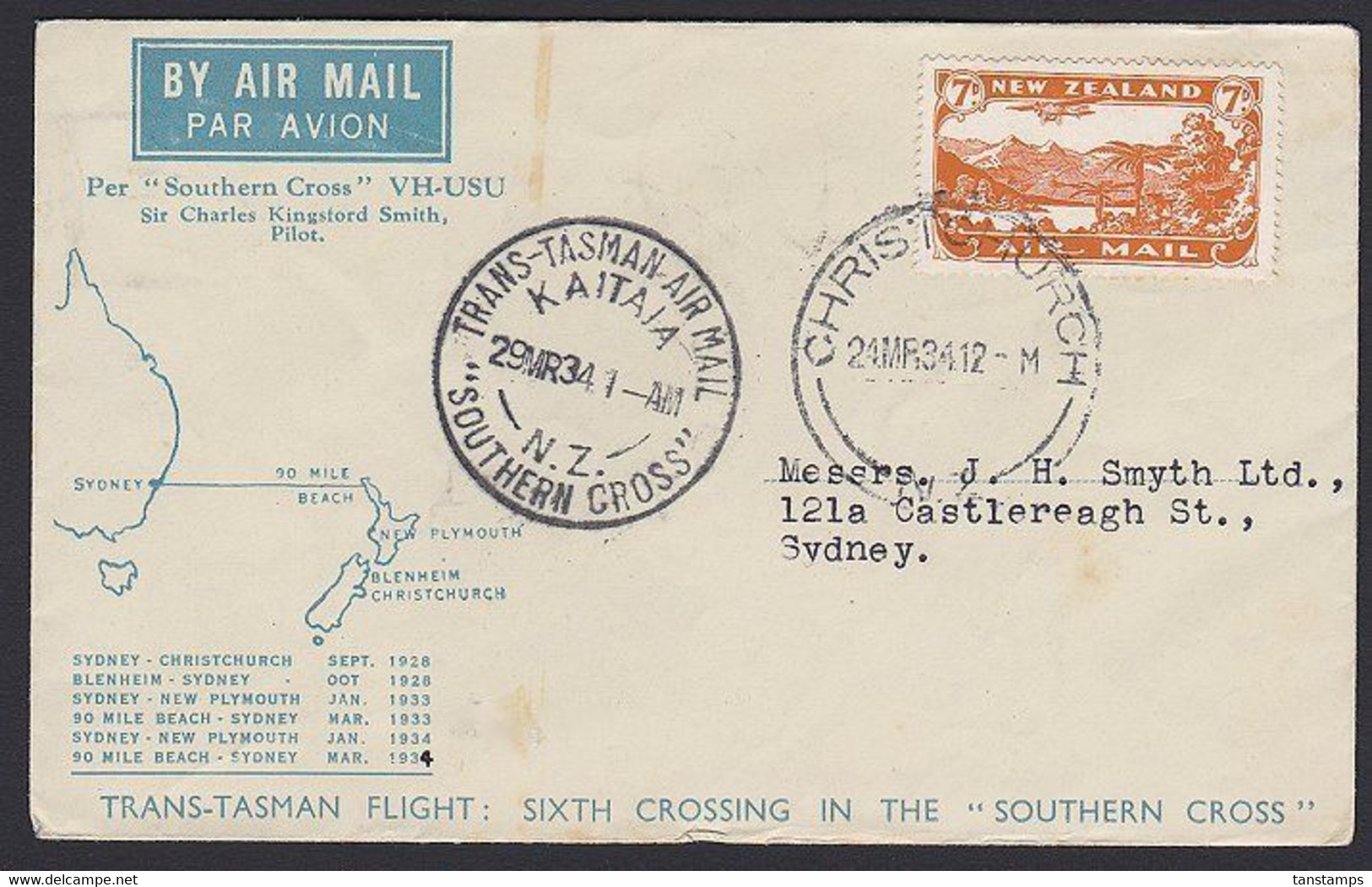 Airmail Cover 7d Brown Trans-Tasman Christchurch - Kaitaia - Sydney (B) - Corréo Aéreo