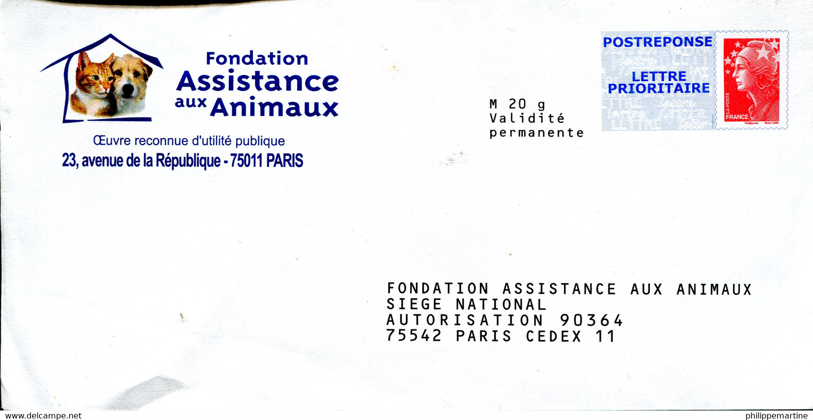 PAP Postreponse Fondation Assistance Aux Animaux (scan Recto Vers) - PAP: Antwort/Beaujard