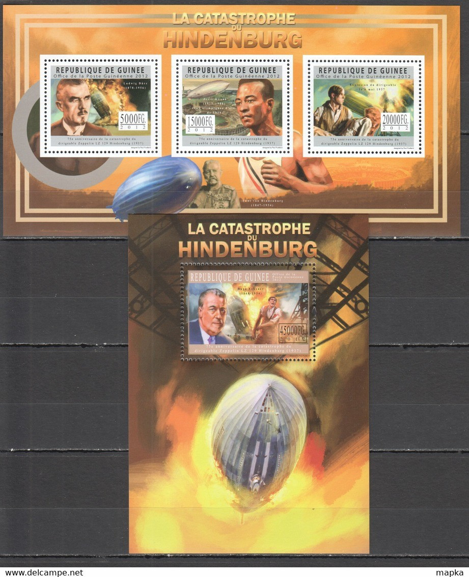 BC100 2012 GUINEE GUINEA TRANSPORT AVIATION ZEPPELINS THE HINDENBURG CATASTROPHE 1KB+1BL MNH - Zeppelins