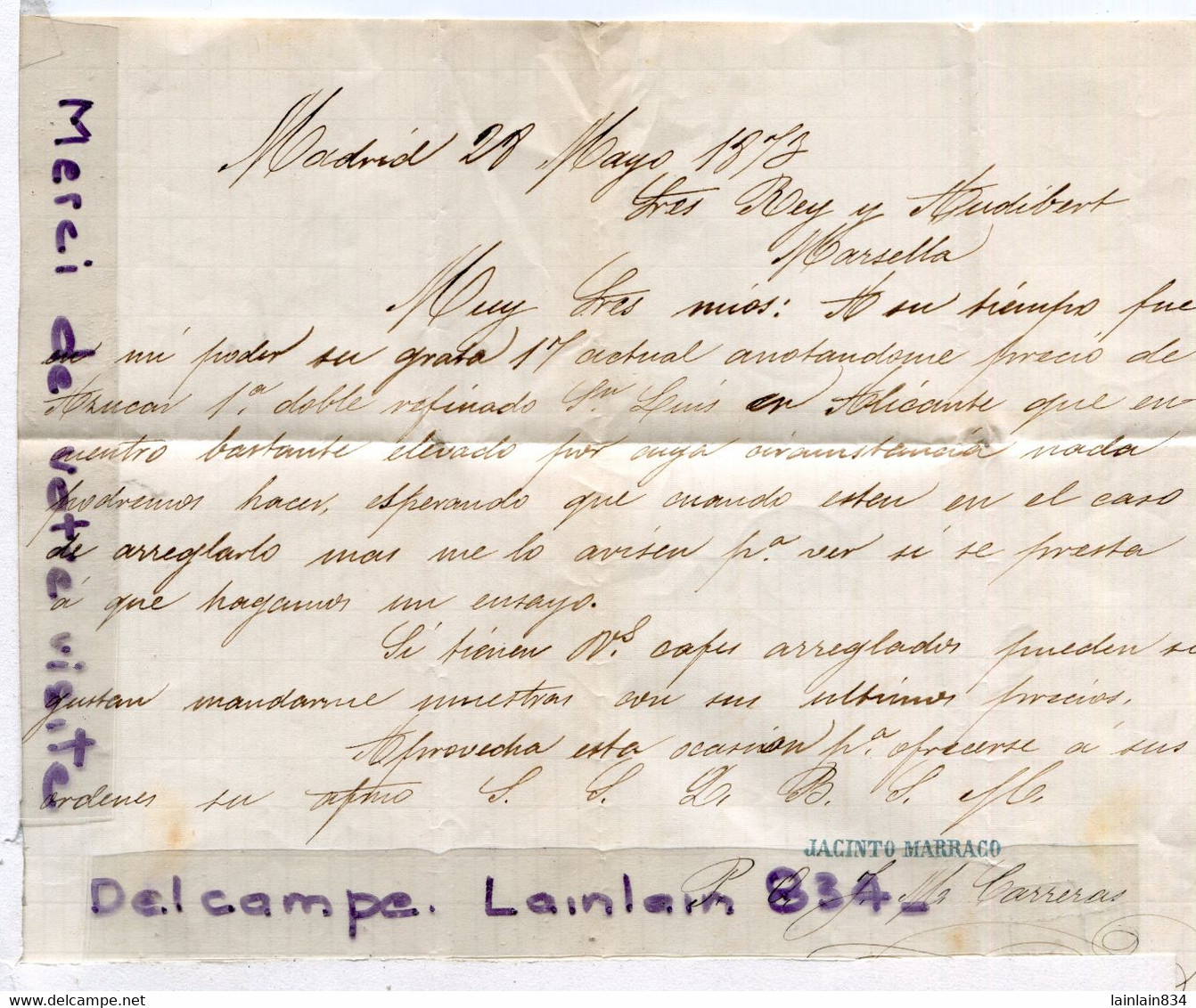 - Lettre Pliée - Pli  De Jacento MARRACO, Madrid, Pour Marseille, 1873, Plusieurs Cachets, Convoyeur, TBE Scans.. - Storia Postale