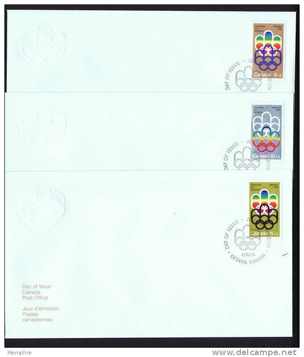 1974  Montreal Olympic Games Symbol  Semi-postals Sc  B1-3  On 3 FDcs - 1971-1980