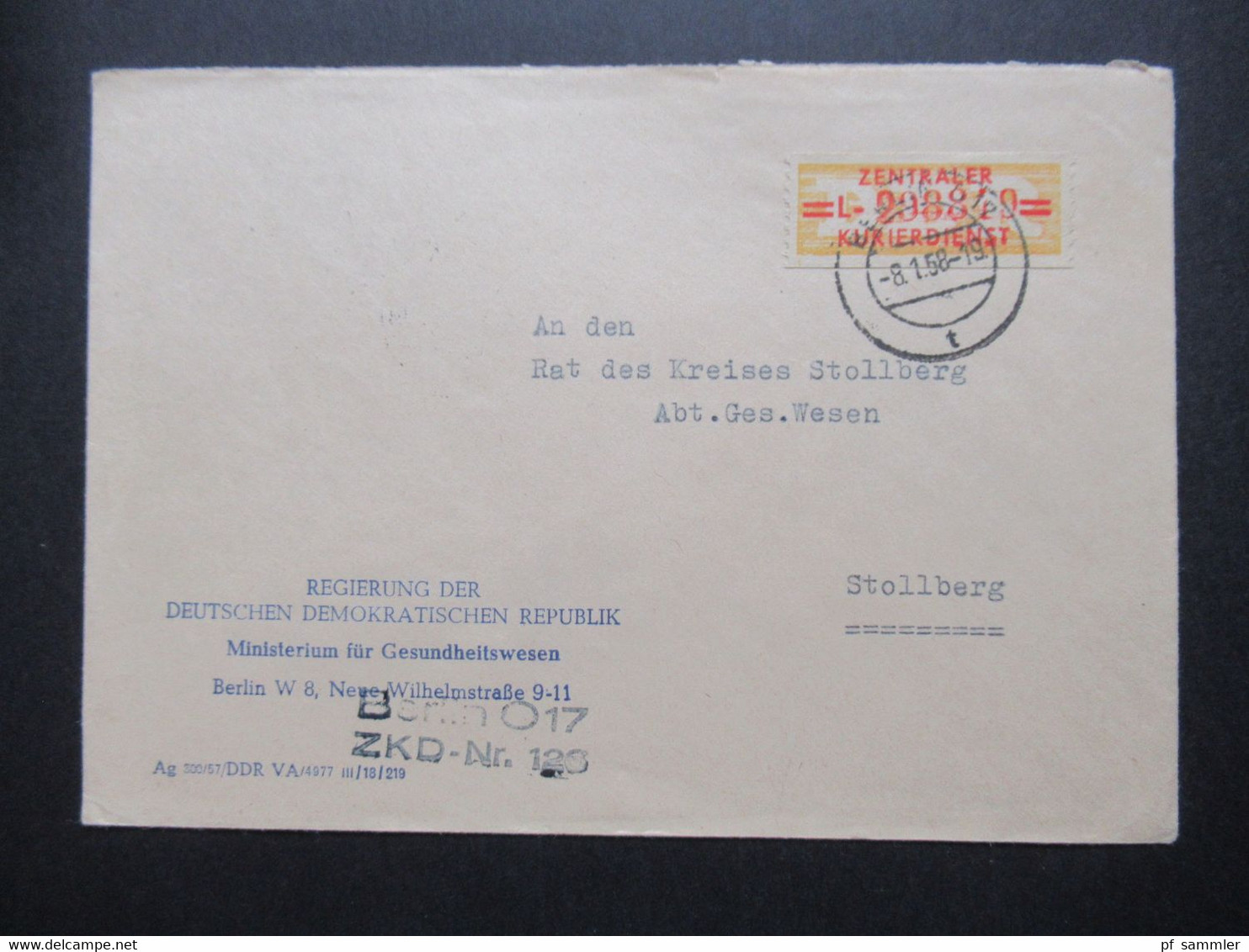 DDR 8.1.1958 Dienst ZKD Nr.17 Buchstabe L Berlin Ost Umschlag Regierung Der DDR Ministerium Für Gesundheitswesen - Autres & Non Classés