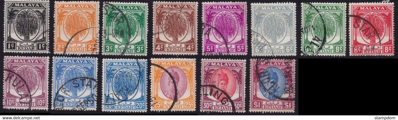 MALAYA KEDAH 1949 Palm Definitive Incomplete/short Set 1c-$1 14v - USED @N053 - Kedah