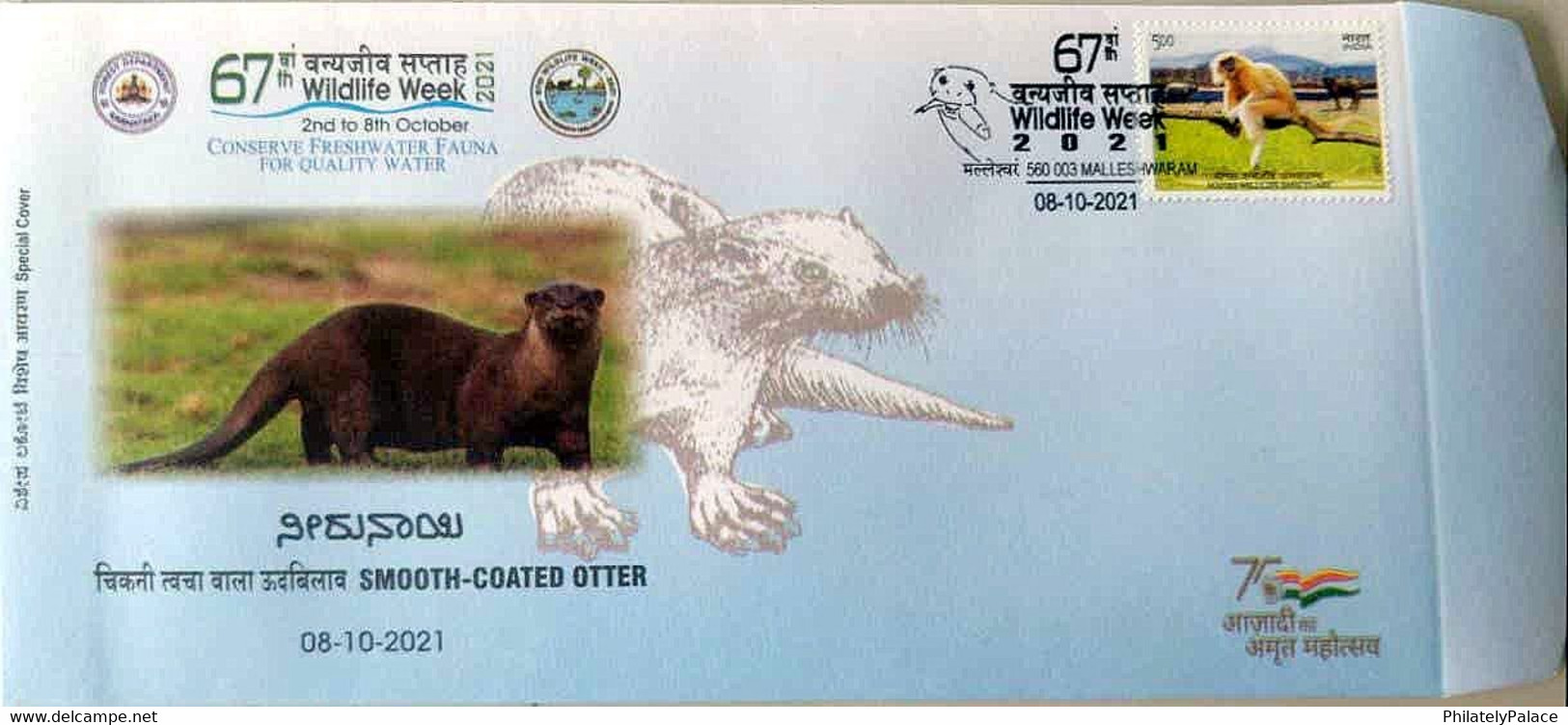 India 2021 Smooth Coated Otter Special Cover 67th Wildlife Week Mammal , Animal ,Fish Eater (**) Inde Indien - Brieven En Documenten