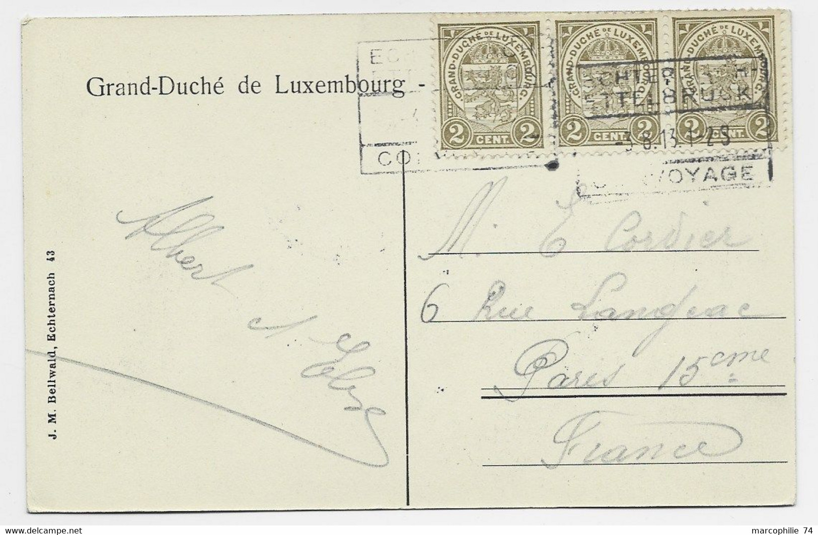 LUXEMBOURG 2CX3 CARTE PETITE SUISSE LUXEMBOURGEOISE GRIFFE ENCADREE ETTELBRUCK 3.8.13 POUR LA FRANCE - 1921-27 Charlotte Di Fronte