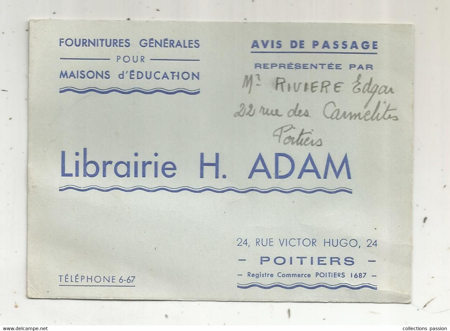 Carte De Visite, Librairie H. ADAM, Fournitures Générales Pour Maisons D'éducation ,école, POITIERS,135 X 100 Mm - Cartes De Visite