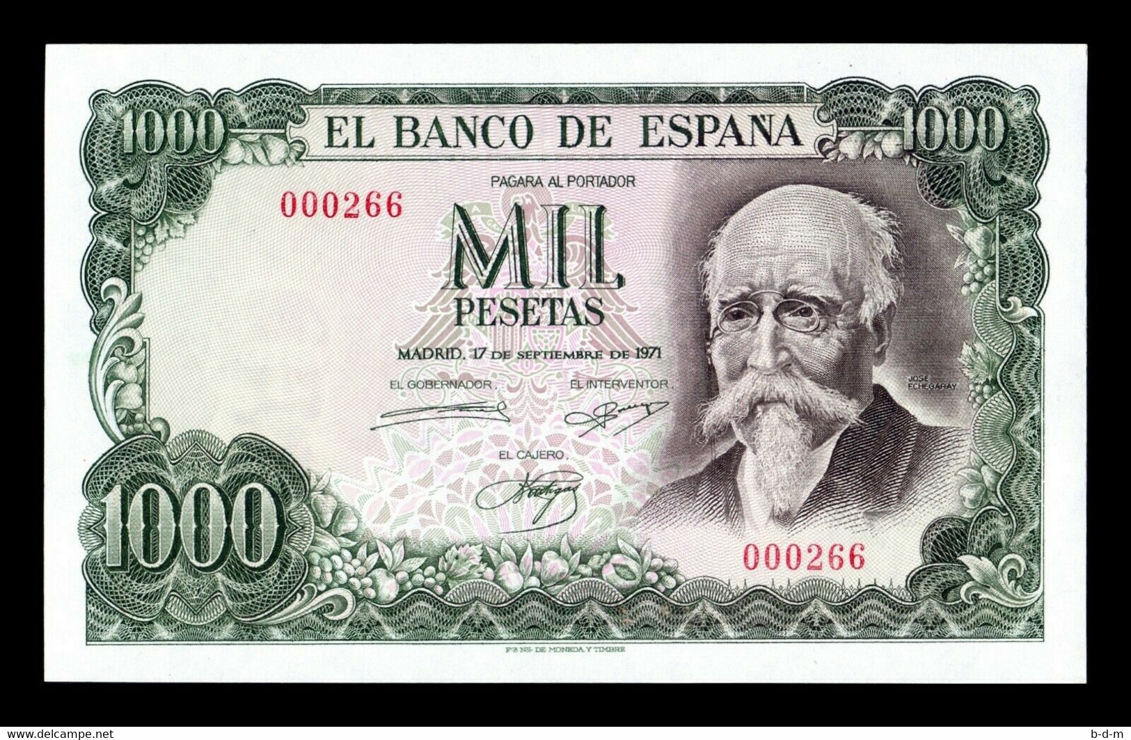 España 1000 Pesetas J. Echegaray 1971 Nº Bajo 266 Pick 154 Low Serial SC UNC - 1000 Peseten