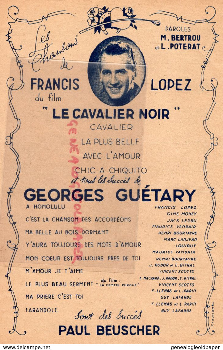 PARTITION MUSIQUE- CHIC A CHIQUITO-LE CAVALIER NOIR-GEORGES GUETARY-FRANCIS LOPEZ-HIPPISME -LOUIS POTERAT - Partitions Musicales Anciennes