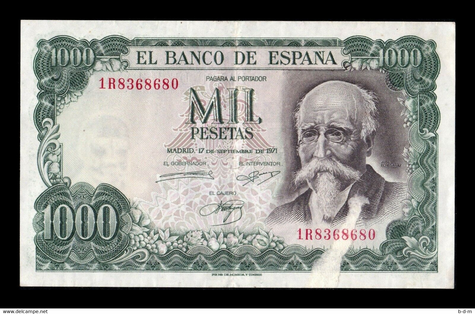 España Error 1000 Pesetas J. Echegaray 1971 Pick 154 Serie 1R MBC+ VF+ - 1000 Pesetas