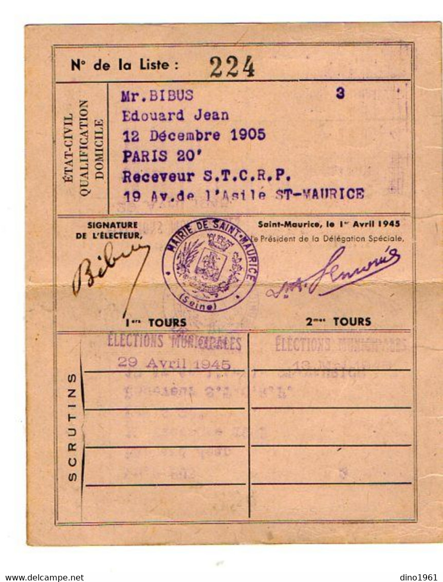 VP18.549 - Ville De SAINT - MAURICE 1945 - Carte D'Electeur - Mr BIBUS Receveur S.T.C.R.P. - Otros & Sin Clasificación