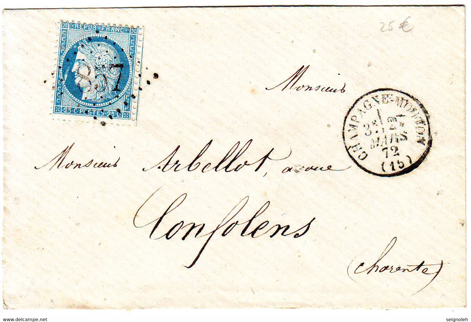 25 C CERES N° 60 VARIETE 49 A2 !!!! Obl GC 857 CHAMPAGNE MOUTON Charente Sur Lettre - 1849-1876: Période Classique