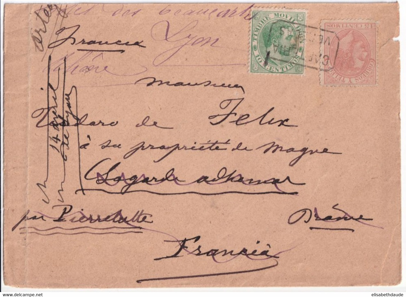 ESPAGNE - 1886 - ENVELOPPE Avec OBLITERATION "CARTERIA VEREDAS" SUR TIMBRE MOVIL ! => LAGARDE ADHEMAR (DROME) => LYON - Storia Postale