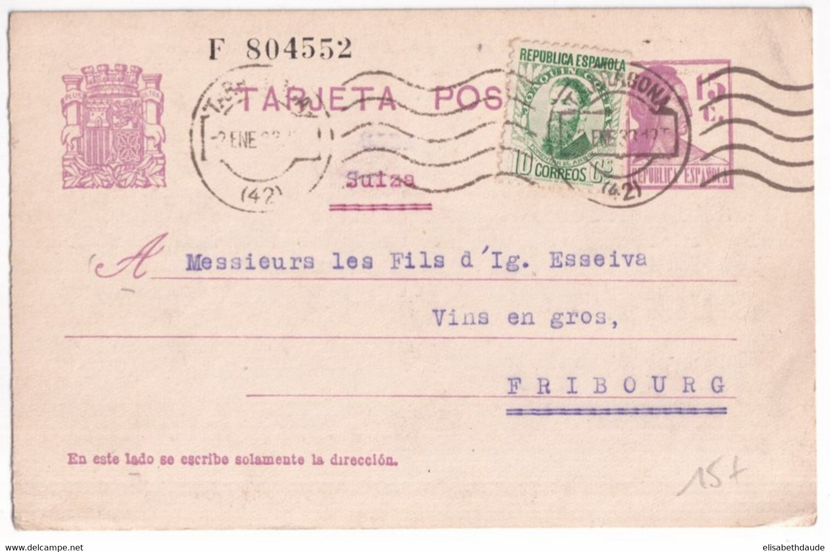 ESPAGNE - 1933 - CARTE ENTIER De TARRAGONE => FRIBOURG (SUISSE) - 1931-....