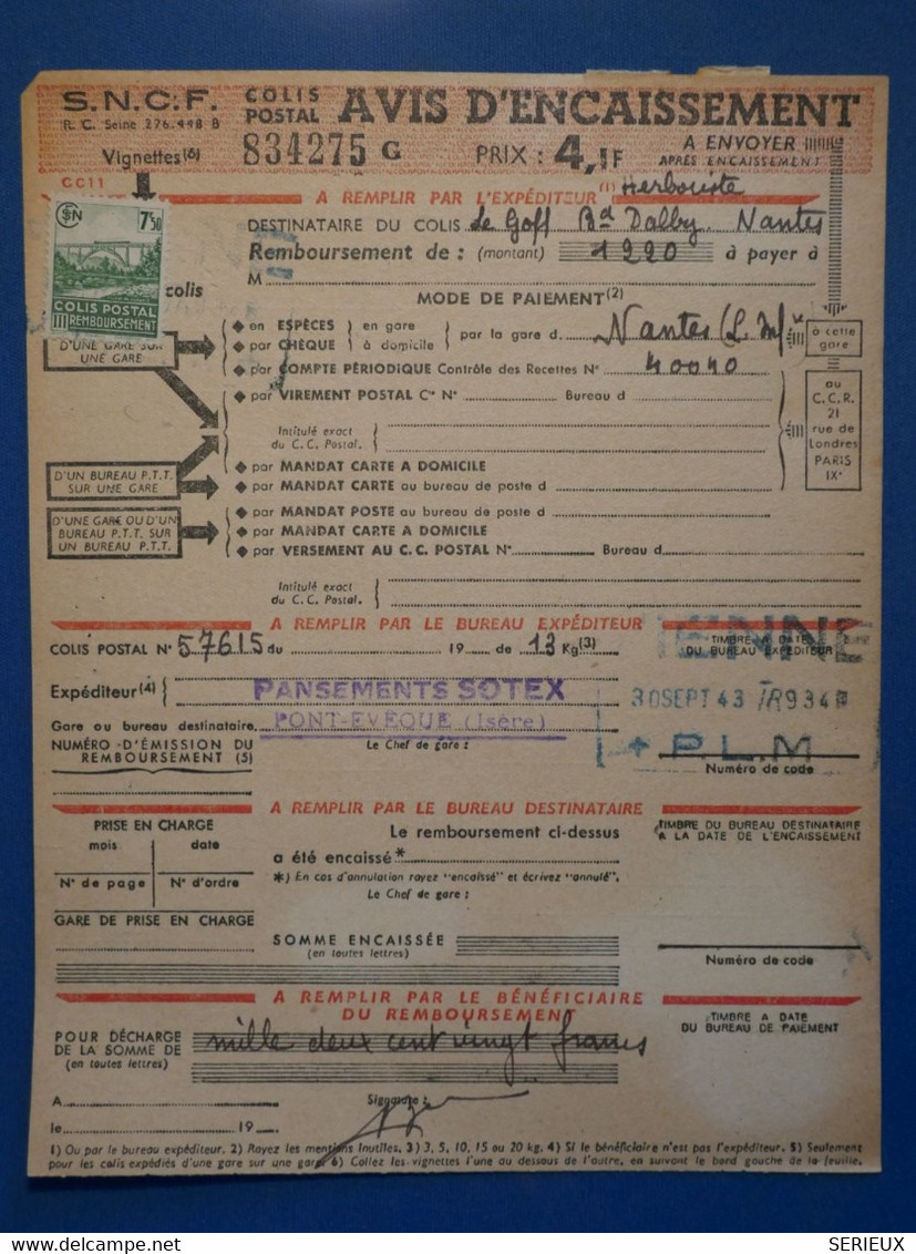 AH6 FRANCE SUR  AVIS D ENCAISSEMENT 1943 COLIS POSTAUX   + AFFRANCH. INTERESSANT - Covers & Documents