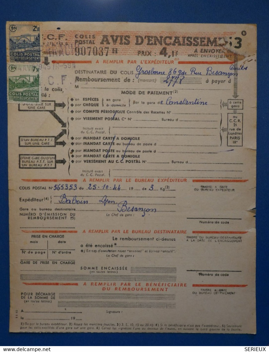 AH6 FRANCE SUR  AVIS D ENCAISSEMENT 1943 COLIS POSTAUX   + AFFRANCH. INTERESSANT - Lettres & Documents