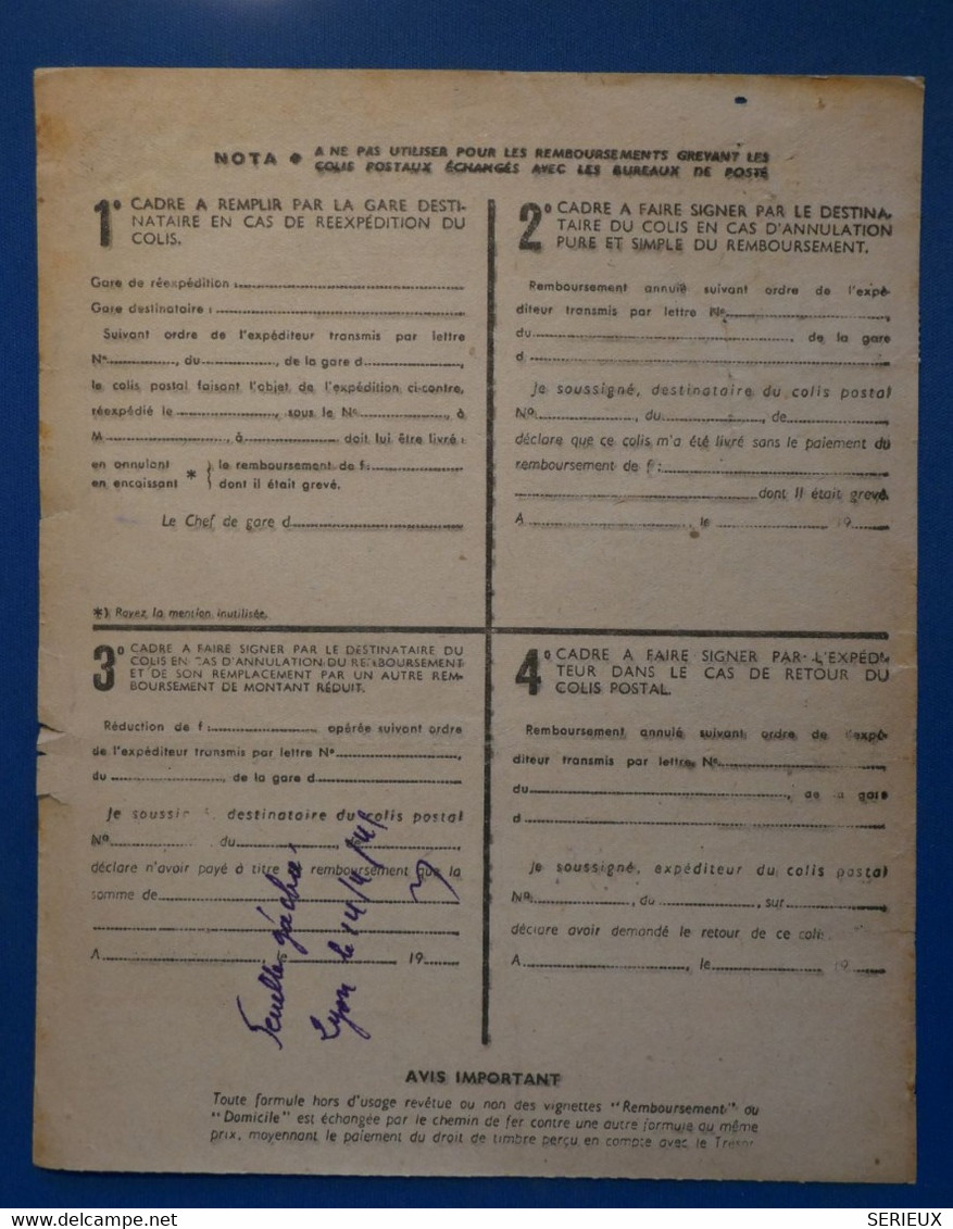 AH6 FRANCE SUR  AVIS D ENCAISSEMENT 1943 COLIS POSTAUX   + AFFRANCH. INTERESSANT - Briefe U. Dokumente