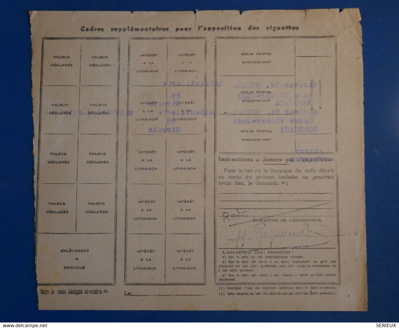 AH6 FRANCE SUR  AVIS D ENCAISSEMENT 1943 COLIS POSTAUX  BORDEAUX + AFFRANCH. INTERESSANT - Brieven & Documenten