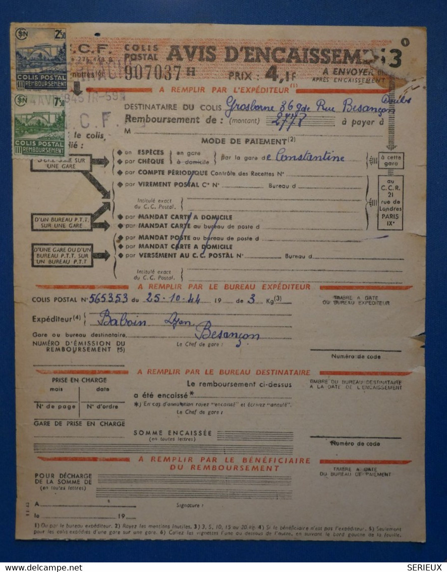 AH6 FRANCE SUR  AVIS D ENCAISSEMENT 1944 COLIS POSTAL  LYON BESANCON  + AFFRANCH. INTERESSANT - Brieven & Documenten