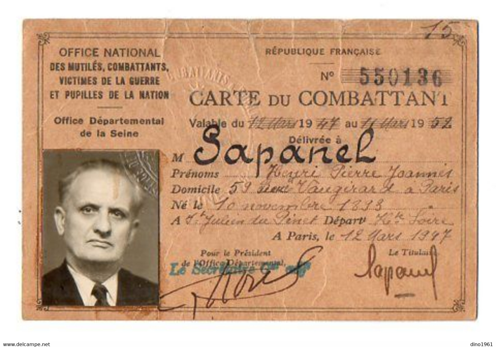 VP18.552 - MILITARIA - PARIS 1947 - Carte Du Combattant - Mr Henri SAPANEL Né à SAINT JULIEN DU PINET - Dokumente