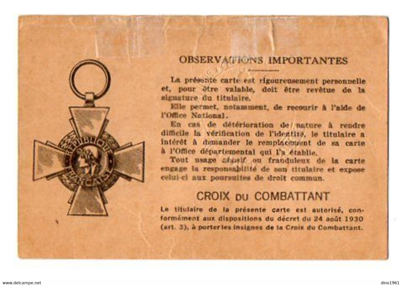 VP18.552 - MILITARIA - PARIS 1947 - Carte Du Combattant - Mr Henri SAPANEL Né à SAINT JULIEN DU PINET - Documents