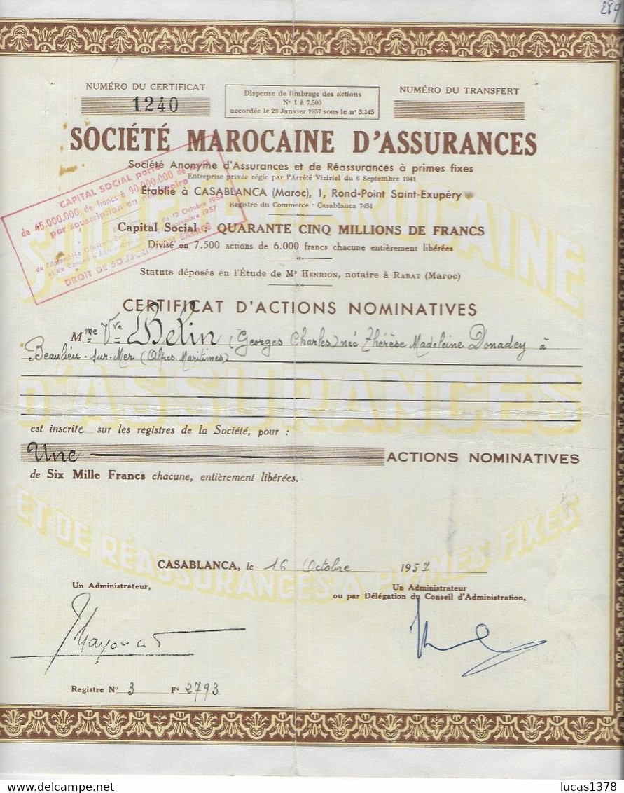 RARE CERTIFICAT D ACTIONS / SOCIETE MAROCAINE D ASSURANCES - Banco & Caja De Ahorros