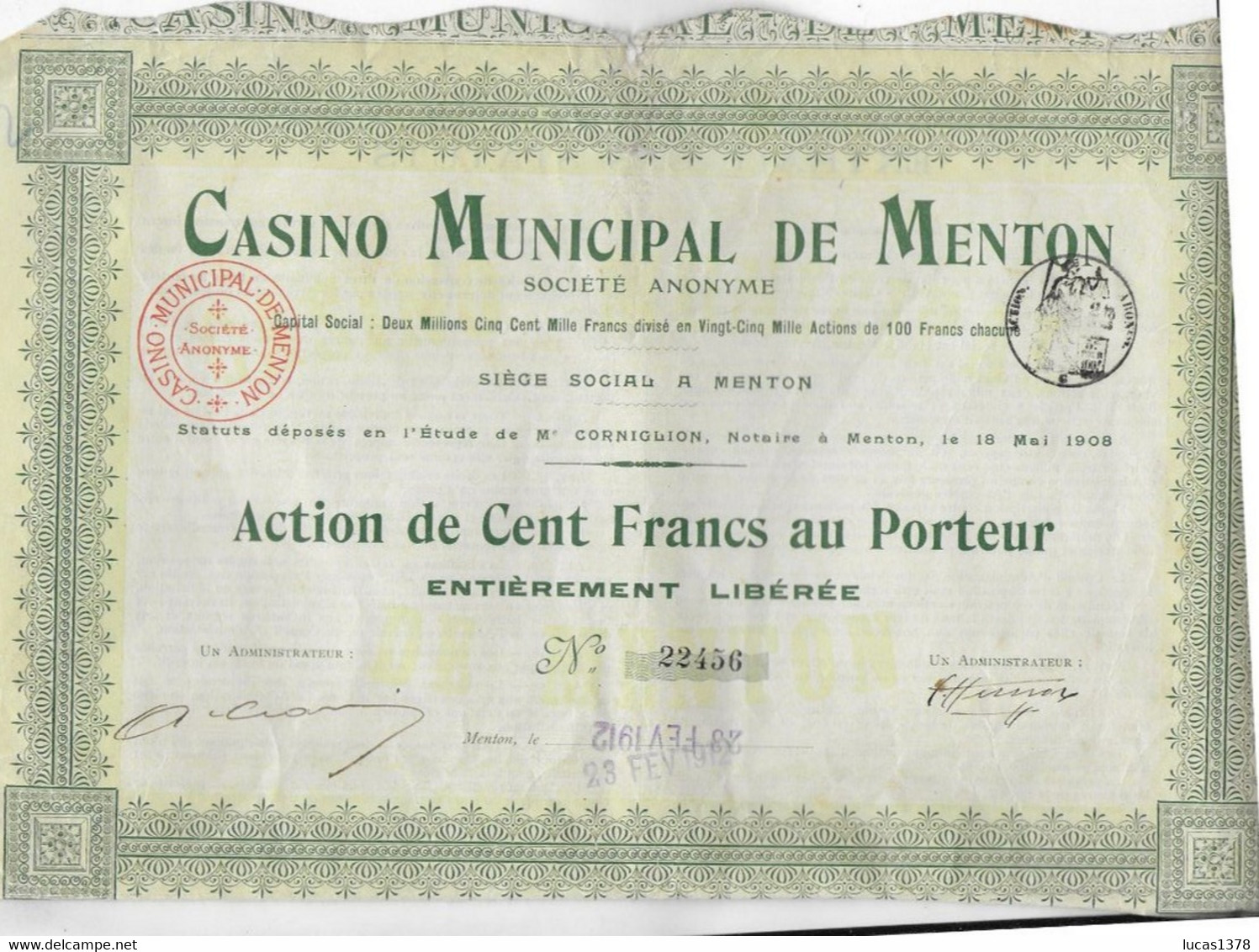 1912 CASINO MUNICIPAL DE MENTON SIEGE SOCIAL Menton Action De 100 Frs B.E. - Casino'