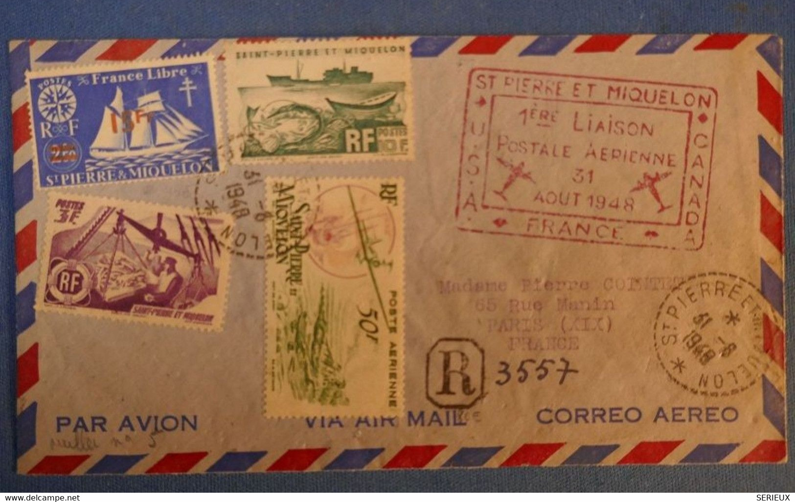 F1 ST PIERRE ET MIQUELON BELLE LETTRE RECO 1948 PREMIER VOL POUR PARIS +SURCHARGE AFFRANCHISSEMENT PLAISANT - Storia Postale