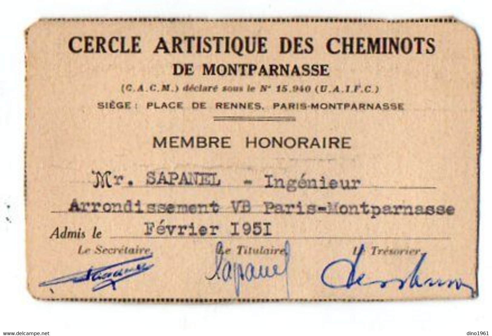 VP18.555 - PARIS 1951 - S.N.C.F. - Cercle Artistique Des Cheminots De MONTPARNASSE - Carte De Membre - Mr Henri SAPANEL - Other & Unclassified