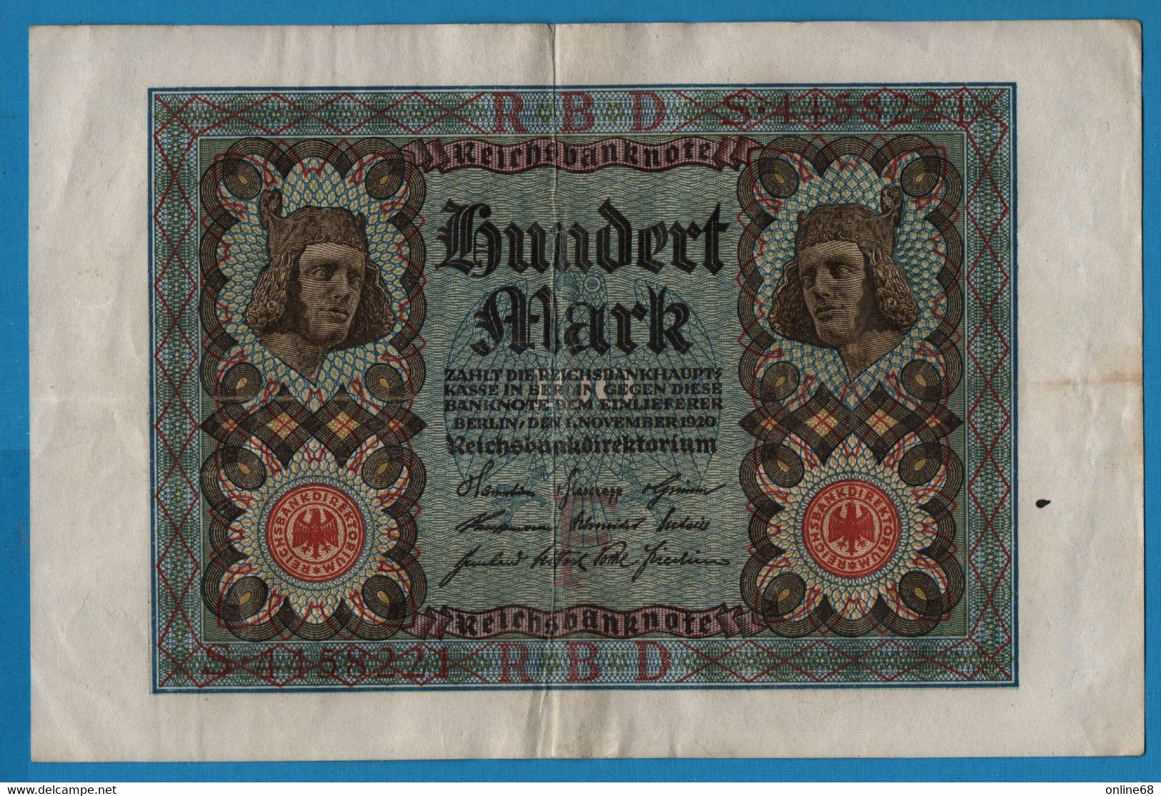 DEUTSCHES REICH 100 MARK 01.11.1920 Letter F # S.4458221 P# 69a - 100 Mark