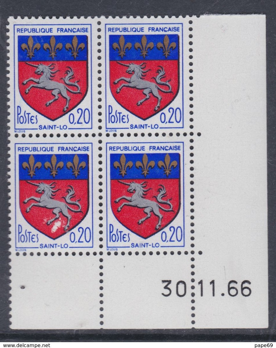 France N° 1510 XX Armoiries De Ville : Saint-Lô En Bloc De 4 Coin Daté Du 30 . 11  . 66 , Sans Charnière, TB - 1960-1969